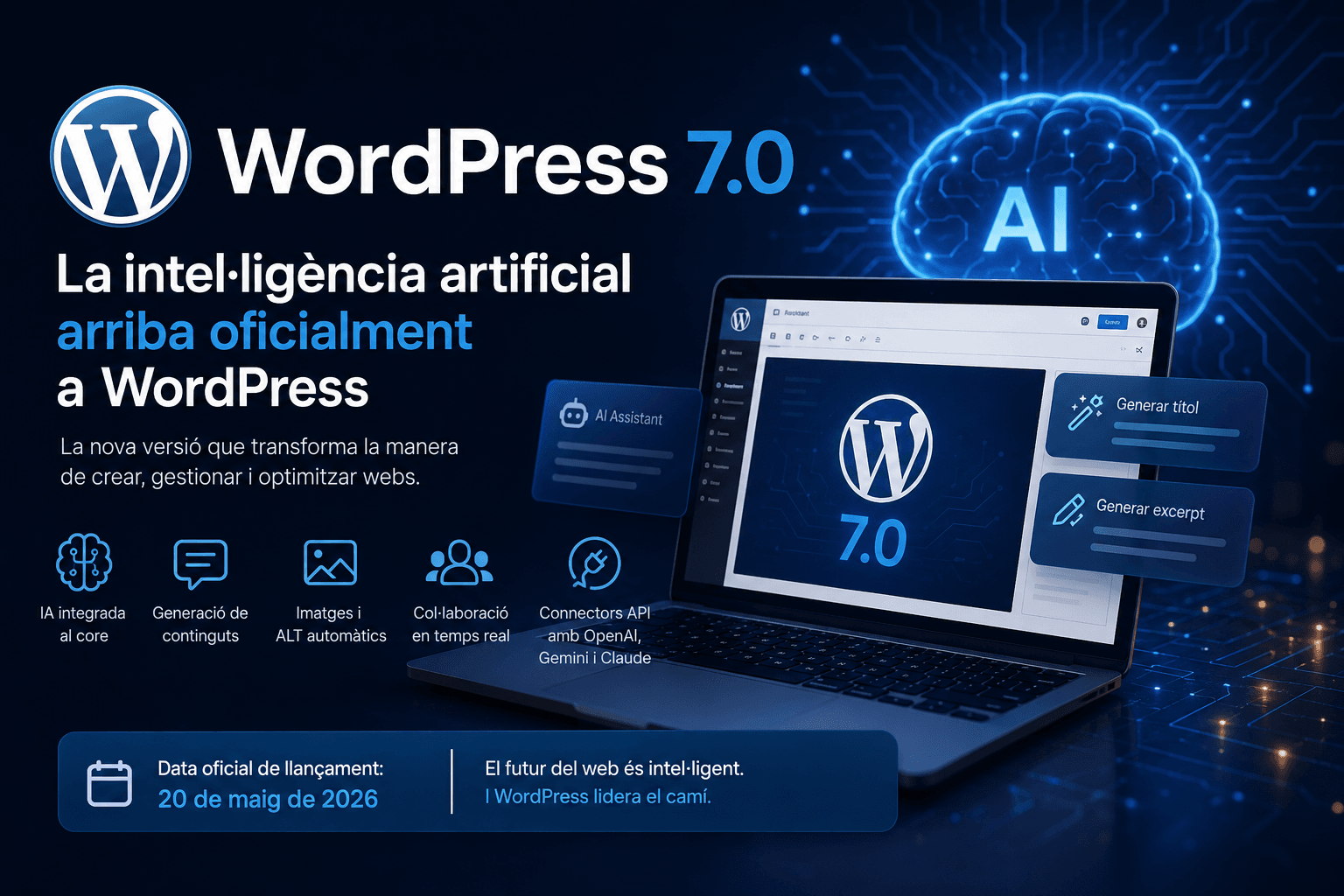 WordPress 7.0 amb intel·ligència artificial integrada oficialment i noves funcions AI per webs modernes